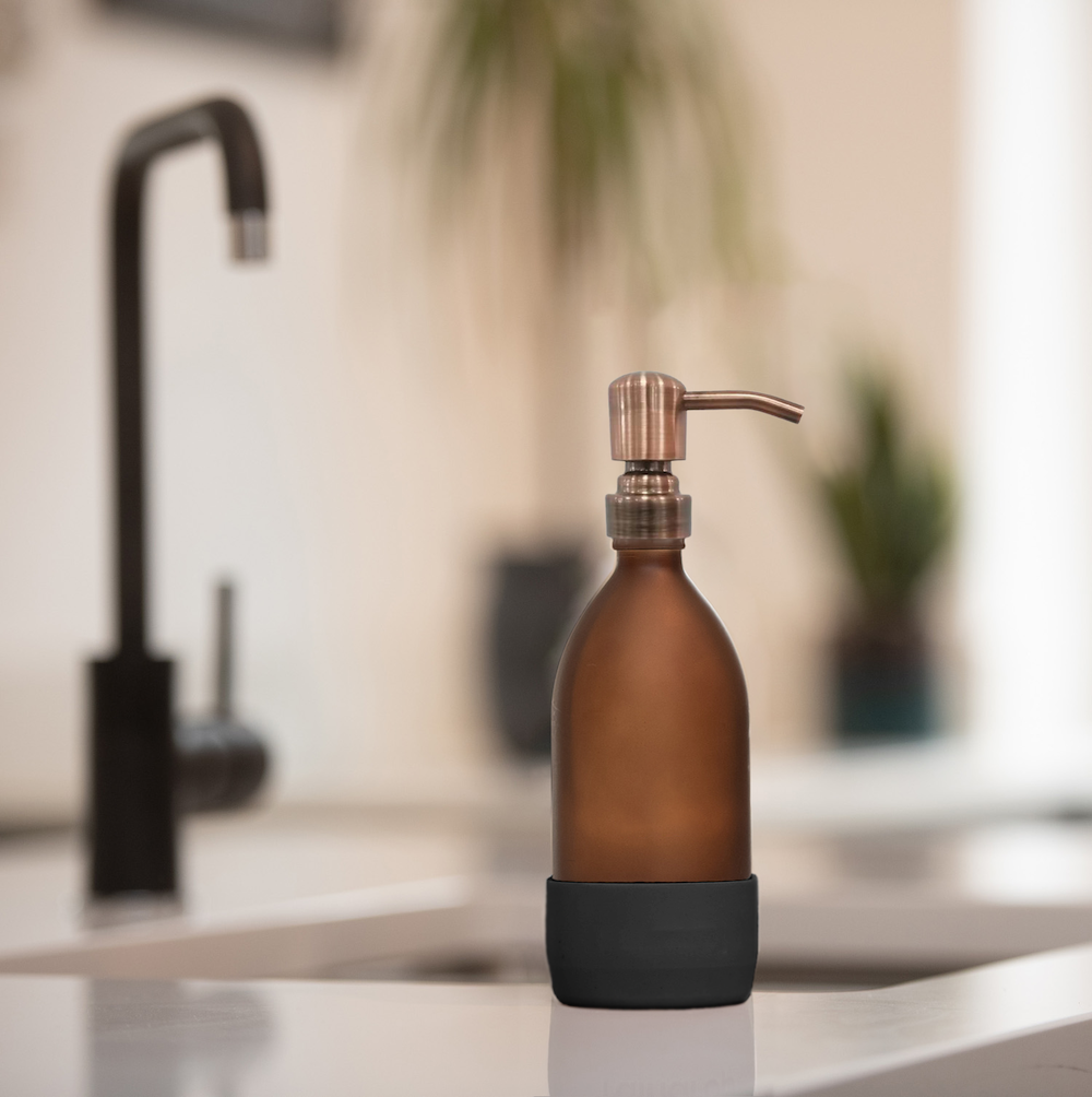Frosted Amber Glass Soap Dispenser | Rose Gold Metal Pump