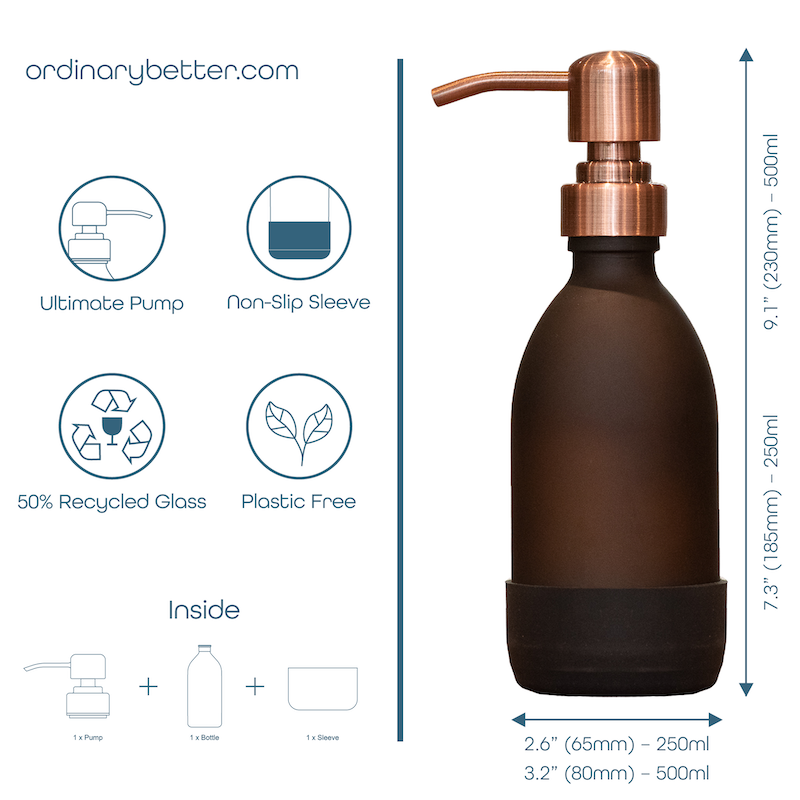Frosted Amber Glass Soap Dispenser | Rose Gold Metal Pump